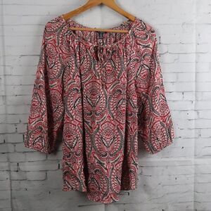 CHAPS DENIM RED BLACK & WHITE PAISLEY 3/4 SLEEVE COTTON BLOUSE SIZE MEDIUM